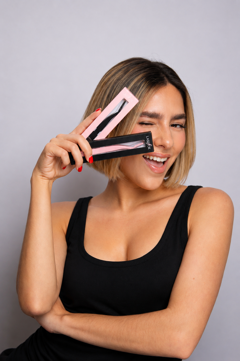 LashFox Precision Lash Applicator Tweezers – Pink & Black Lash Extension Tool for Press-On Lashes & DIY Lash Clusters