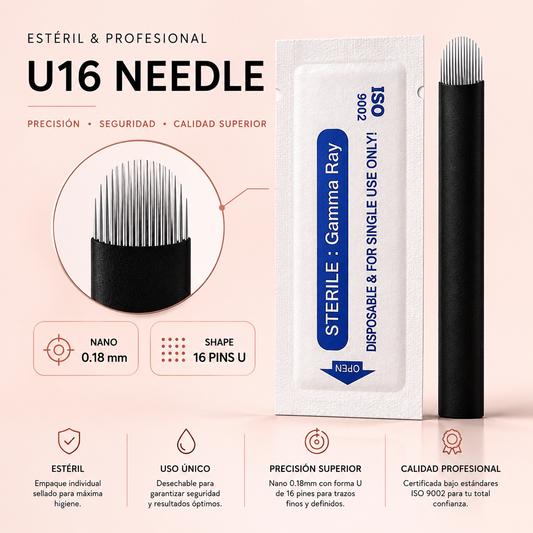 U16 Nano PMU Needles 0.15mm – 16 Pin U Shape | Precisión Ultra Fina para Microblading Profesional